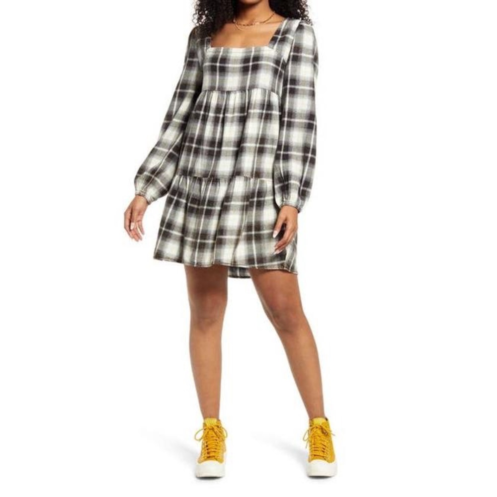 NWOT BP Black White Yellow  Plaid Long Sleeve Square Neck Mini Dress Sz S